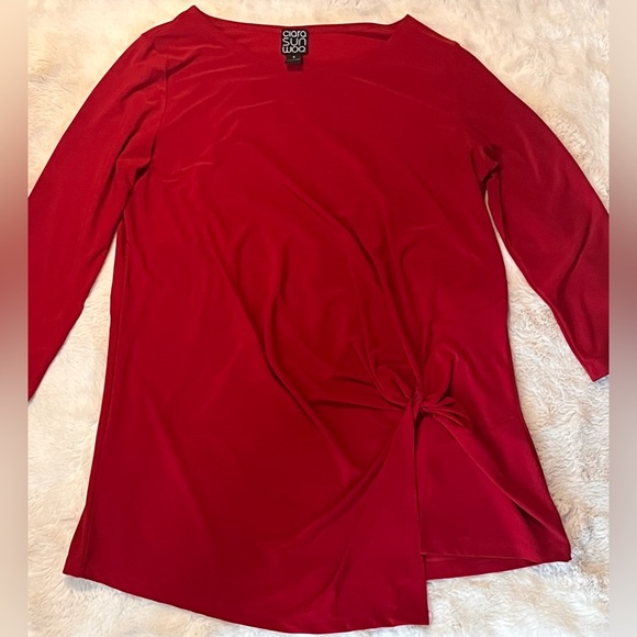 Clara Sun Woo | Twist Tie Tunic Top Asymmetrical Hem 3/4 sleeves in Red | Small - Picture 2 of 14